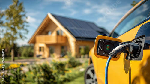 photo d'une voiture électrique en charge, en arrière-plan une maison équipée de panneaux solaires sur le toit