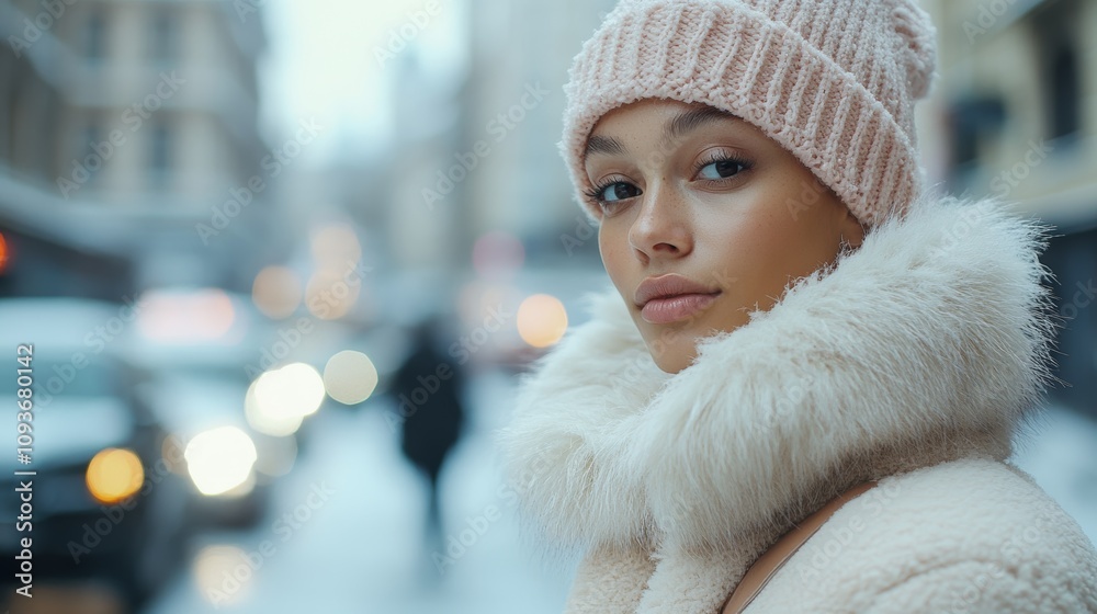 A fashion model wearing a faux fur coat and a pink knitted hat poses on a snowy street with blurred city lights in the background A fashion model wearing a faux fur coat and a pink knitted hat poses on a snowy street with blurred city lights in the background