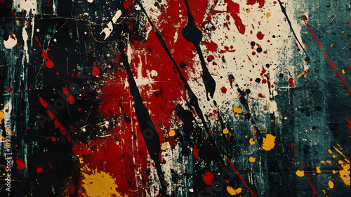 A high-energy modern artwork with chaotic paint splatters and overlapping textures. photo