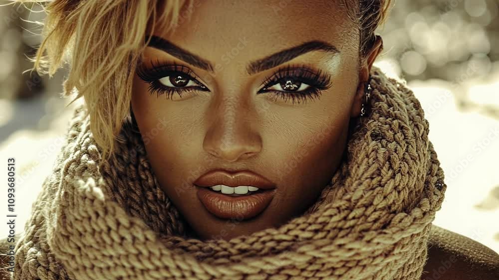 Captivating Close-Up of a Model Wearing a Stylish Scarf While Outdoors in Soft Sunlight