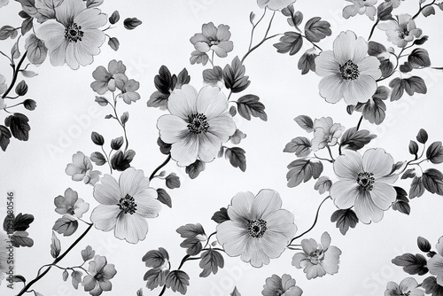 Semaless pattern of beautiful flowers, wallpaper, background, black and white. photo