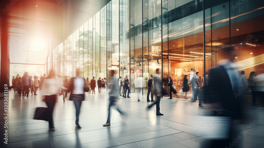 Busy Urban Scene with Motion Blur of Commuters and Modern Architecture Busy Urban Scene with Motion Blur of Commuters and Modern Architecture