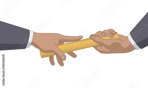 business relay race, close-up of businessmen hands passing the gold baton isolated on a white background