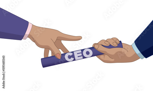 business relay race, close-up of businessman passing CEO baton to businesswoman isolated on a white background