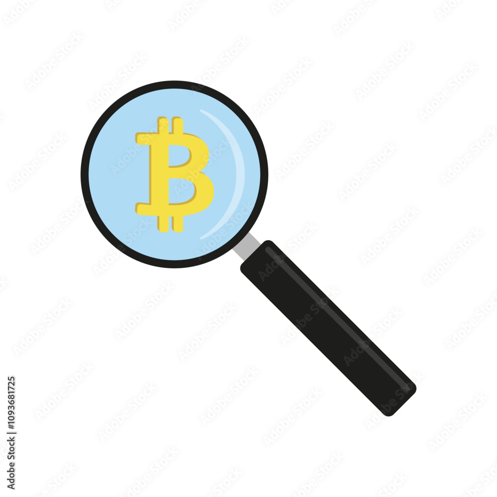 Magnifying glass with golden bitcoin sign. Vector illustration. Magnifying glass with golden bitcoin sign. Vector illustration.