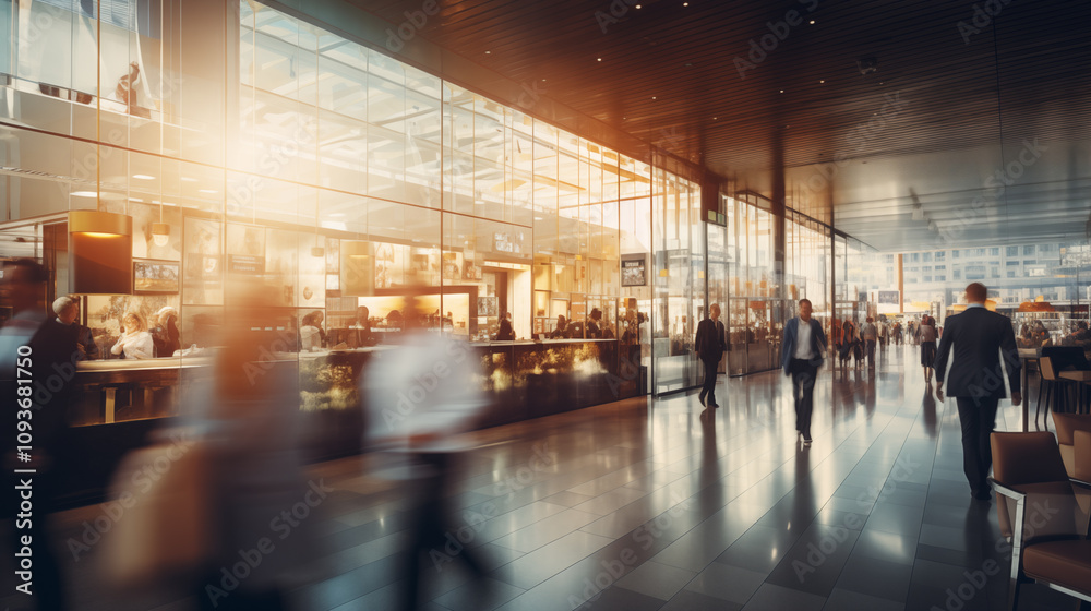 Fototapeta premium Corporate Hub with Blurred Motion of Professionals in a Modern Business District