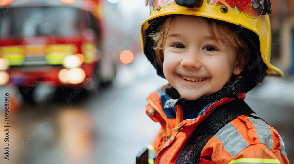 Smiling Child in Fireman Outfit with Toy Extinguisher Near Fire Truck - Perfect for Kids' Safety Theme Smiling Child in Fireman Outfit with Toy Extinguisher Near Fire Truck - Perfect for Kids' Safety Theme