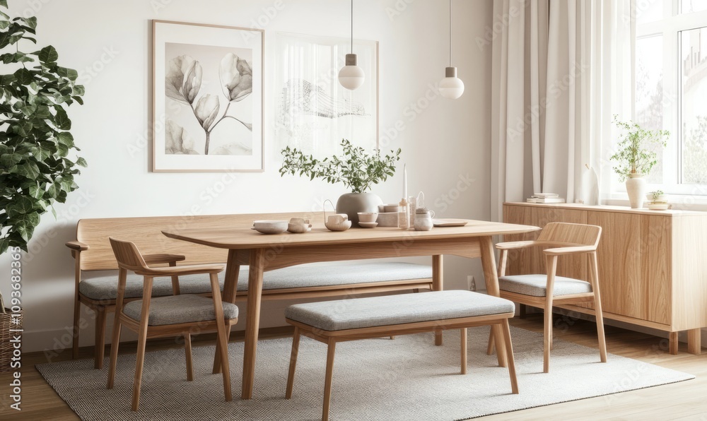 Fototapeta premium An airy dining room with natural wood furniture, including chairs and a table, set against white walls. a grey fabric bench seating area.