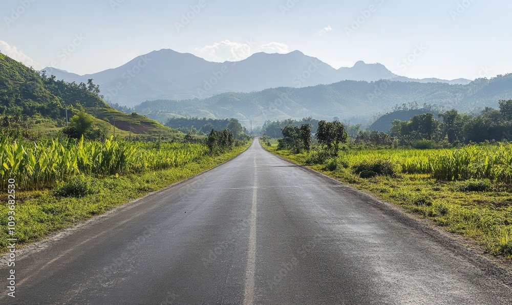 A long, empty road with green plants on both sides and mountains in the distance, with a clear sky A long, empty road with green plants on both sides and mountains in the distance, with a clear sky