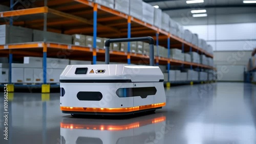Self-guiding robot moves through a warehouse, optimizing logistics operations.