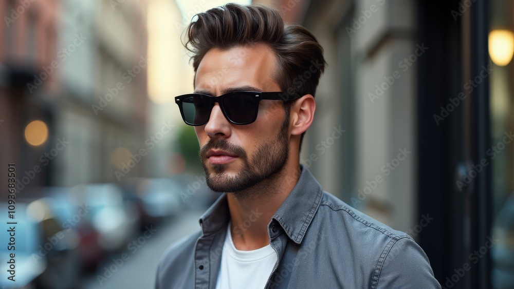 A fashionable look with a sharp small beard styles and stylish sunglasses, against a blurred city backdrop. A fashionable look with a sharp small beard styles and stylish sunglasses, against a blurred city backdrop.