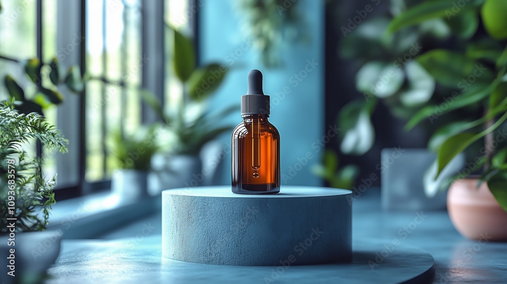 Showcasing a Nourishing Amber Serum Bottle on a Pedestal Showcasing a Nourishing Amber Serum Bottle on a Pedestal