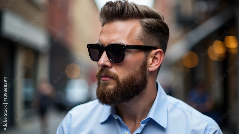 Obraz premium A sharp small beard styles on a man, accompanied by a crisp shirt and sunglasses in an urban setting.