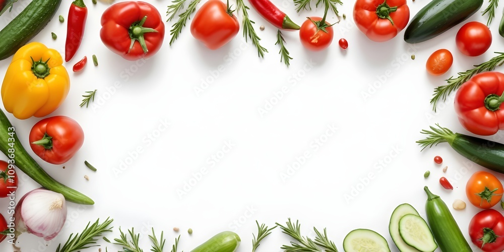 Assorted fresh vegetables including tomatoes, cucumbers, bell peppers, and rosemary sprigs arranged on a white background Assorted fresh vegetables including tomatoes, cucumbers, bell peppers, and rosemary sprigs arranged on a white background