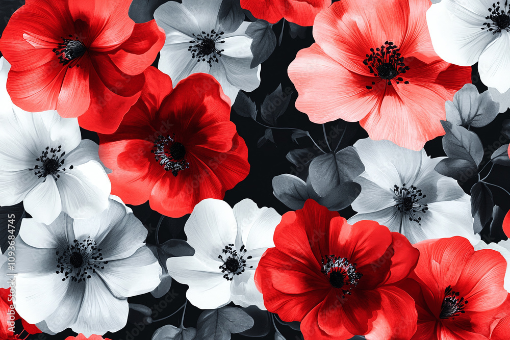 Semaless pattern of beautiful flowers, red, black and white colors, wallpaper. Semaless pattern of beautiful flowers, red, black and white colors, wallpaper.