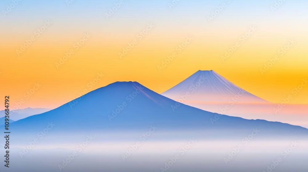 Misty Morning Over Twin Peaks with Soft Horizon and Golden Sky Misty Morning Over Twin Peaks with Soft Horizon and Golden Sky