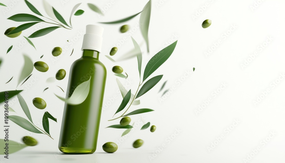 Green Glass Bottle with White Lid Surrounded by Olive Branches and Olives