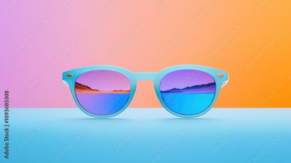 Stylish Sunglasses Reflecting Vibrant Beach Scene Against Gradient Background Stylish Sunglasses Reflecting Vibrant Beach Scene Against Gradient Background