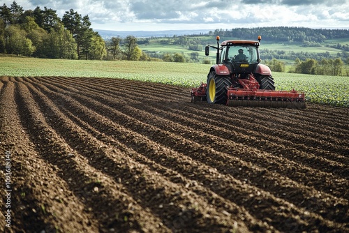 An overhead view of a tractor and planter working on freshly plowed fields, leaving smooth rows of crops. Generative AI photo