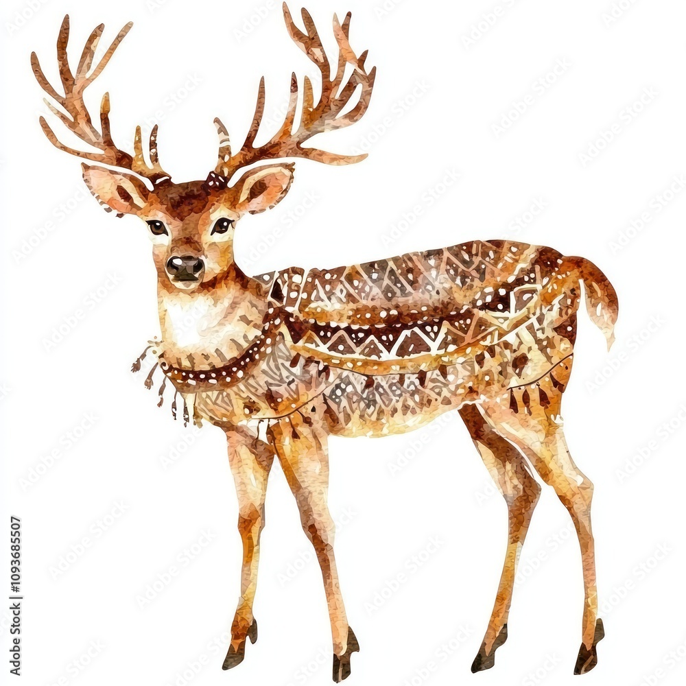 Obraz premium Watercolor Illustration of a Deer with Ornate Antlers and Patterned Fur