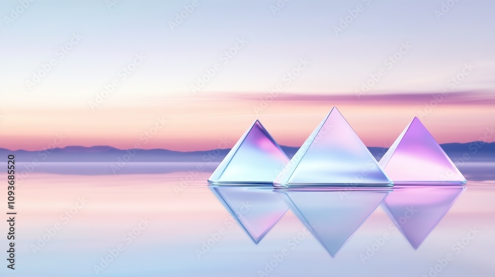 Glass Pyramids Reflecting in Tranquil Waters at Vibrant Sunrise Glass Pyramids Reflecting in Tranquil Waters at Vibrant Sunrise