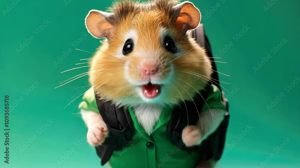 A schoolboy hamster with a backpack on green background. A schoolboy hamster with a backpack on green background.