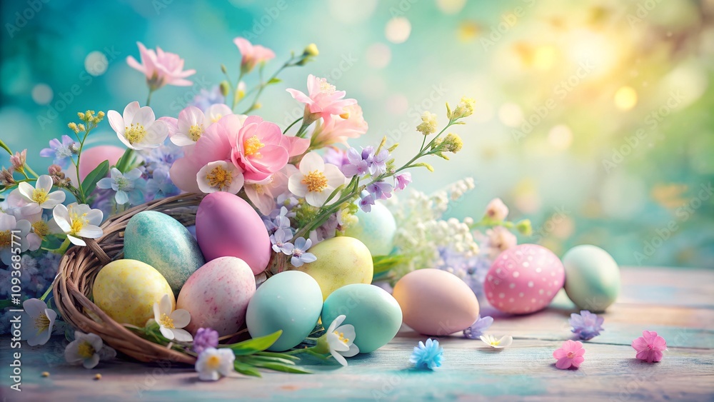 Easter card featuring pastel eggs and spring blooms Easter card featuring pastel eggs and spring blooms