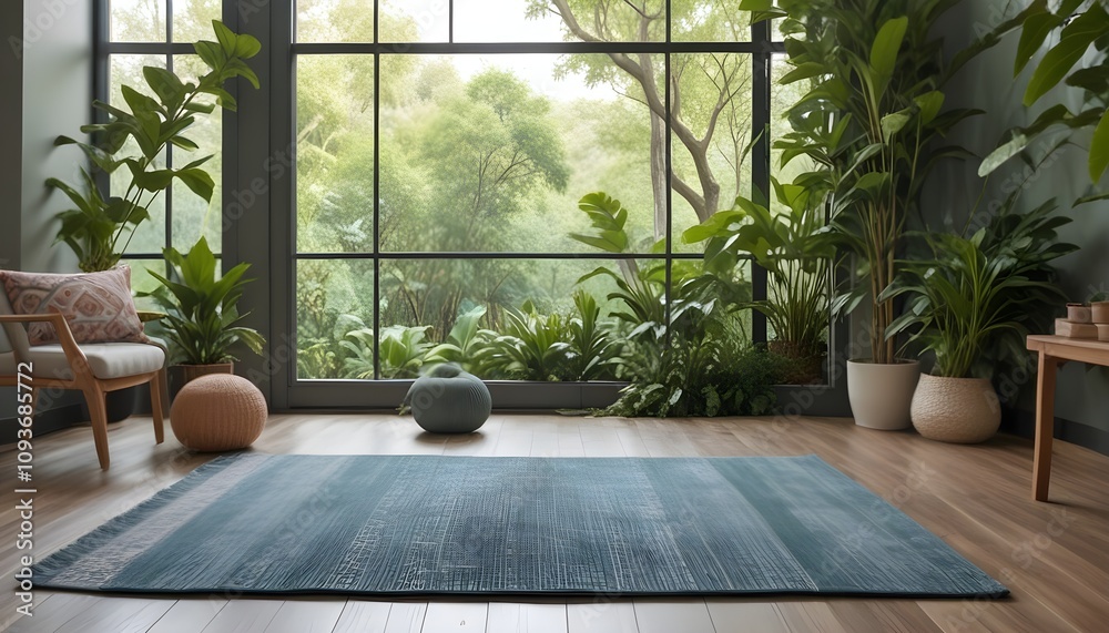 A Yoga rug, surrounded by lush greenery and trees visible through a window There are several decorative pillows or cushions A Yoga rug, surrounded by lush greenery and trees visible through a window There are several decorative pillows or cushions
