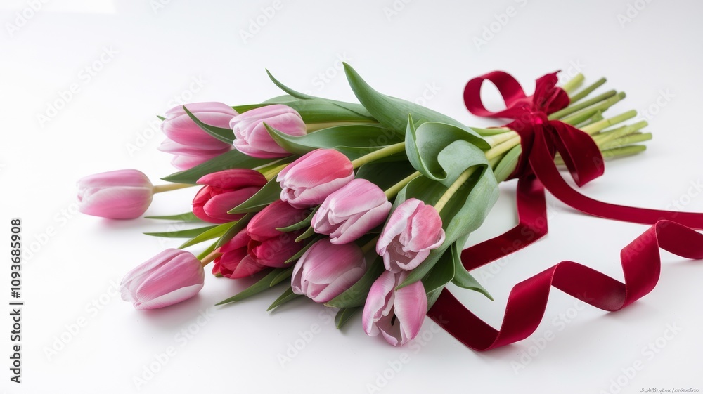A photo with a fresh bouquet of pink and red tulips, artfully arranged on a snow-white background. The bouquet is tied with a luxurious red ribbon, giving it sophistication and contrast. A photo with a fresh bouquet of pink and red tulips, artfully arranged on a snow-white background. The bouquet is tied with a luxurious red ribbon, giving it sophistication and contrast.