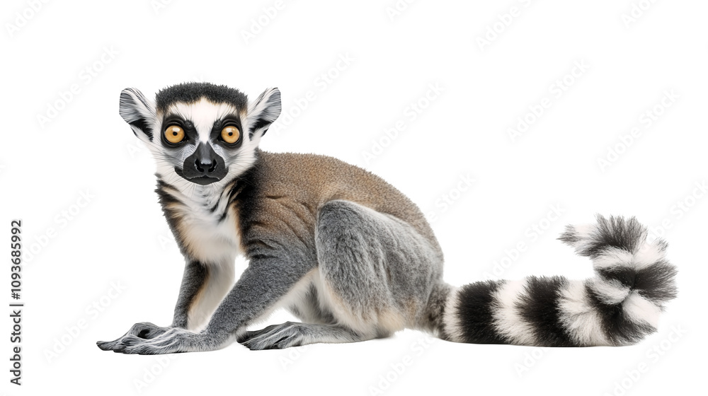 A curious lemur with a long striped tail isolated on a transparent background, PNG A curious lemur with a long striped tail isolated on a transparent background, PNG