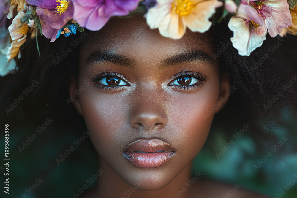 Young black female model with flower decor in her hair, beauty shot. Young black female model with flower decor in her hair, beauty shot.