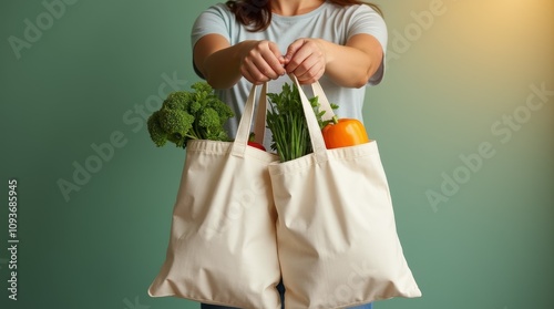 Person Promoting Plastic-Free Shopping with Reusable Bags