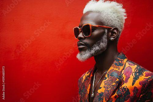 Studio photography of super cool african american man with glowing white hair and outfit, red backdrop, style. photo