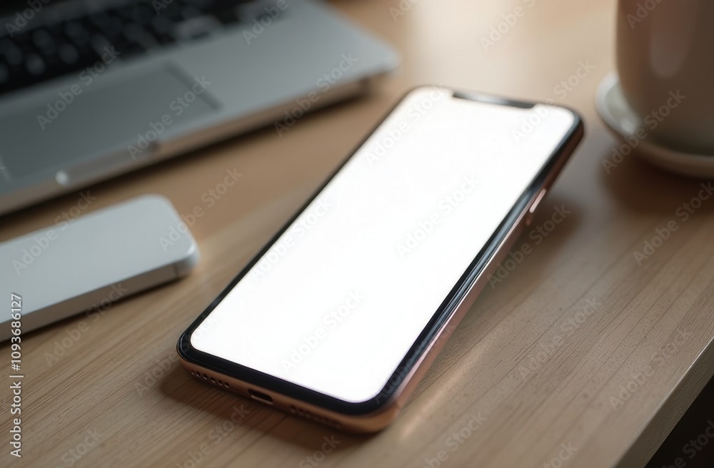 Smartphone on desk with blank screen for app design mockup. Smartphone on desk with blank screen for app design mockup.