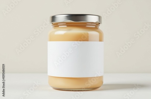 Glass jar with metallic lid and blank label for customization.