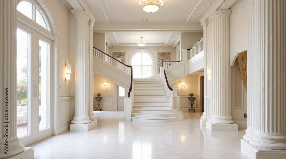 Luxurious Mansion Foyer with Two-Way Staircase Luxurious Mansion Foyer with Two-Way Staircase