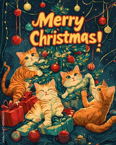 'Merry Christmas' typography on a festive background with illustrated cats climbing a Christmas tree with ornaments and gifts. Template for a Christmas greeting card