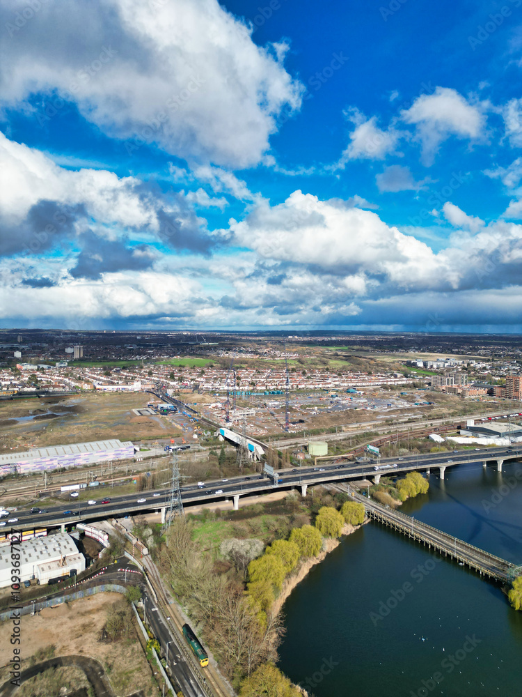 Fototapeta premium High Angle View of Dagenham City East London Capital City of England Great Britain. Aerial Footage was Captured with Drone's Camera on March 2nd, 2024