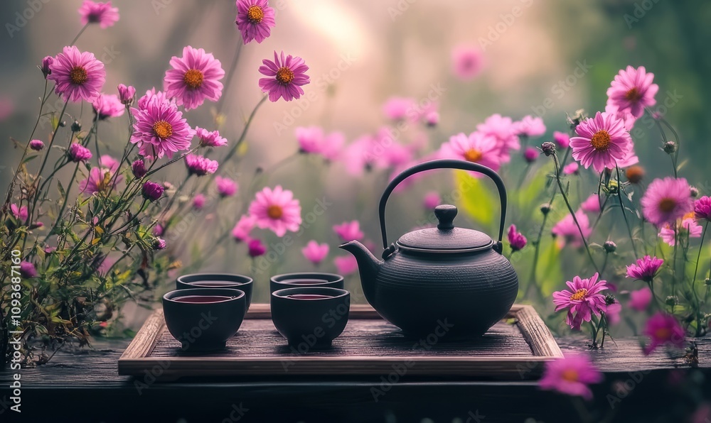A traditional black teapot and cups filled with warm tea on a wooden tray, accented by blooming pink flowers in the background A traditional black teapot and cups filled with warm tea on a wooden tray, accented by blooming pink flowers in the background