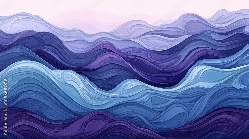 Abstract waves in shades of blue and purple create a serene landscape. Abstract waves in shades of blue and purple create a serene landscape.