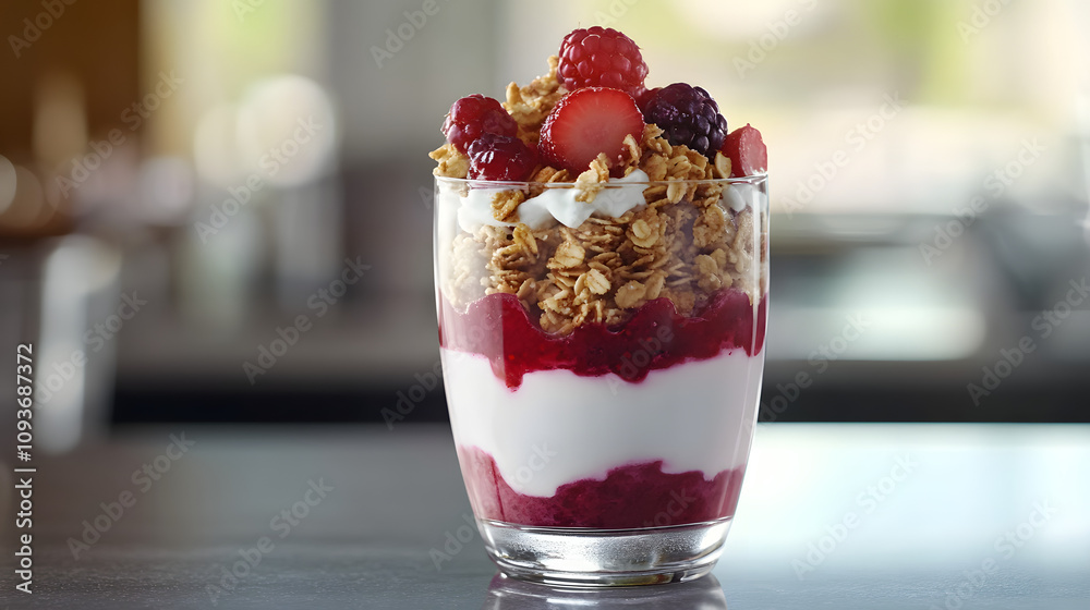 A refreshing fruit parfait layered with yogurt granola and fresh berries in a glass. A refreshing fruit parfait layered with yogurt granola and fresh berries in a glass.