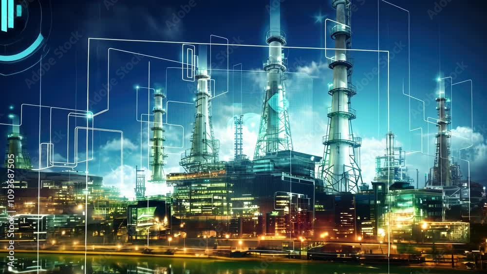 Double exposure oil refinery at night. Energy and industry concept. Double exposure oil refinery at night. Energy and industry concept.