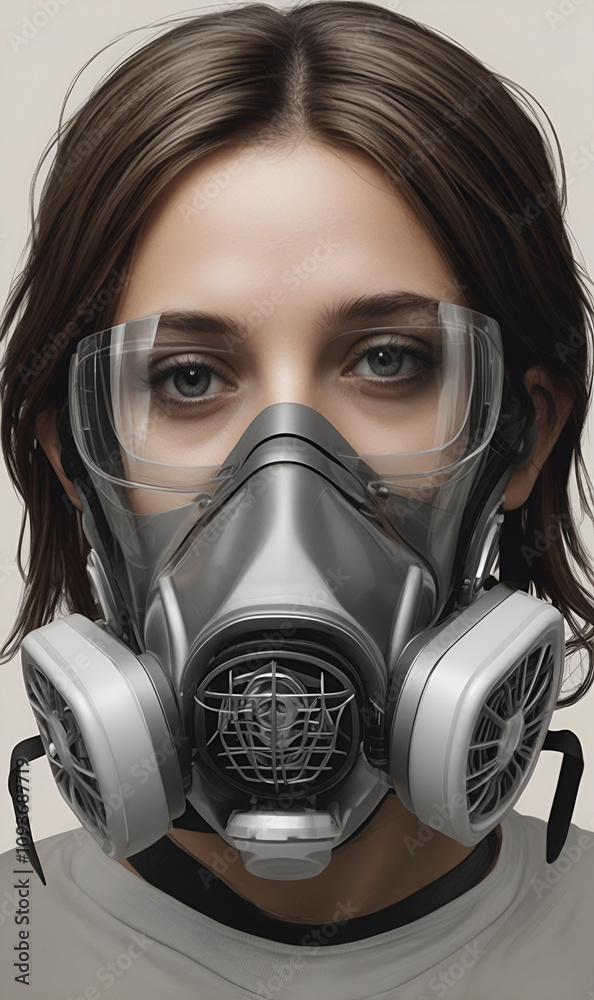 Professional respirator design on a woman's face in linear style. Professional respirator design on a woman's face in linear style.