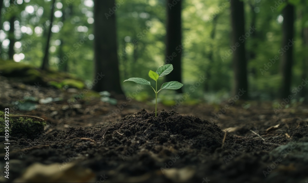 A small green plant sprouting from rich soil in a forest A small green plant sprouting from rich soil in a forest