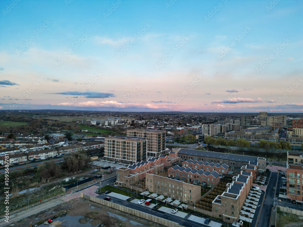 High Angle View of Dagenham City East London Capital City of England Great Britain. Aerial Footage was Captured with Drone's Camera on March 2nd, 2024 High Angle View of Dagenham City East London Capital City of England Great Britain. Aerial Footage was Captured with Drone's Camera on March 2nd, 2024