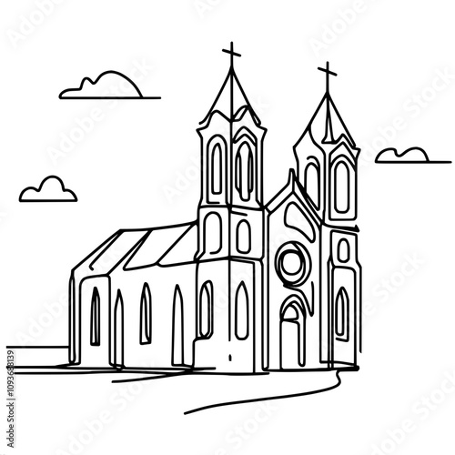 Elegant line art of historic church with twin towers and clouds