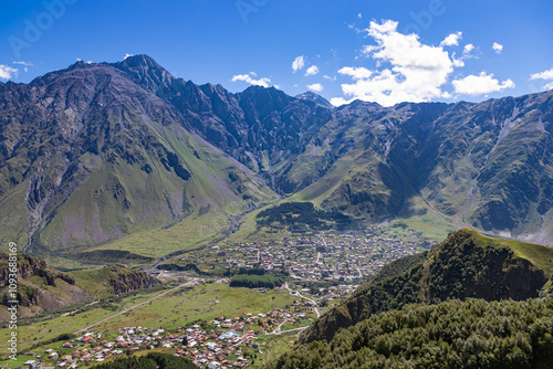 Obraz na płótnie Aerial view of town Stepantsminda (Kazbegi), Caucasus, Georgia w salonie