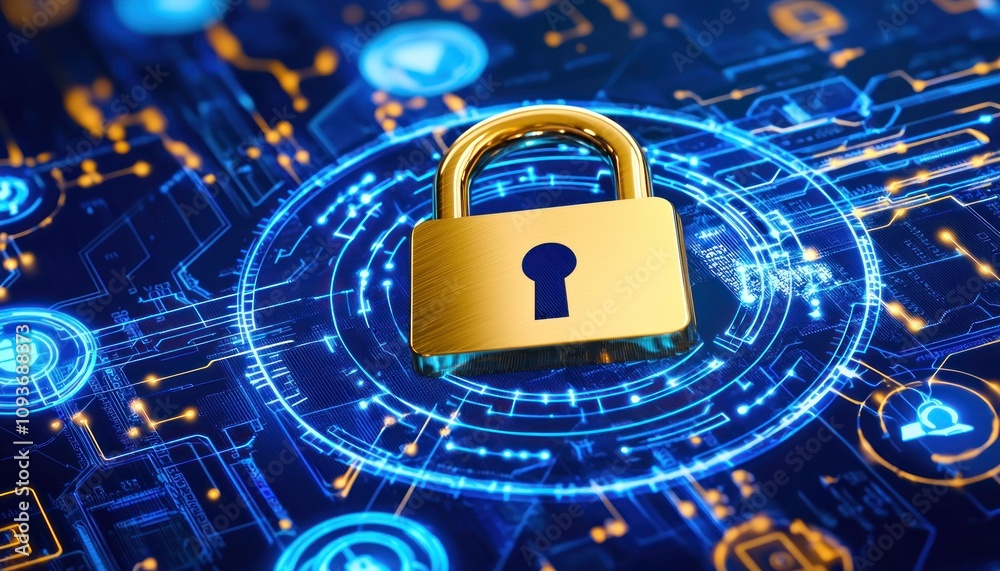 Golden Padlock on Abstract Digital Circuit Board Golden Padlock on Abstract Digital Circuit Board