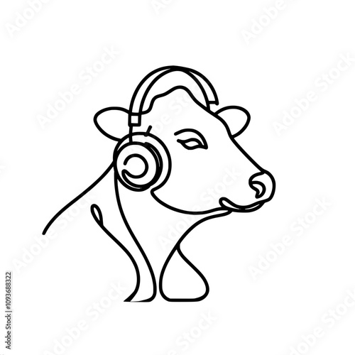 Minimalist line art of a cow wearing headphones