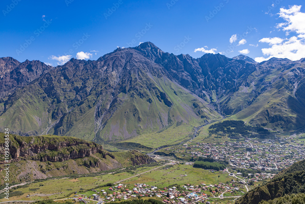 Aerial view of town Stepantsminda (Kazbegi), Caucasus, Georgia